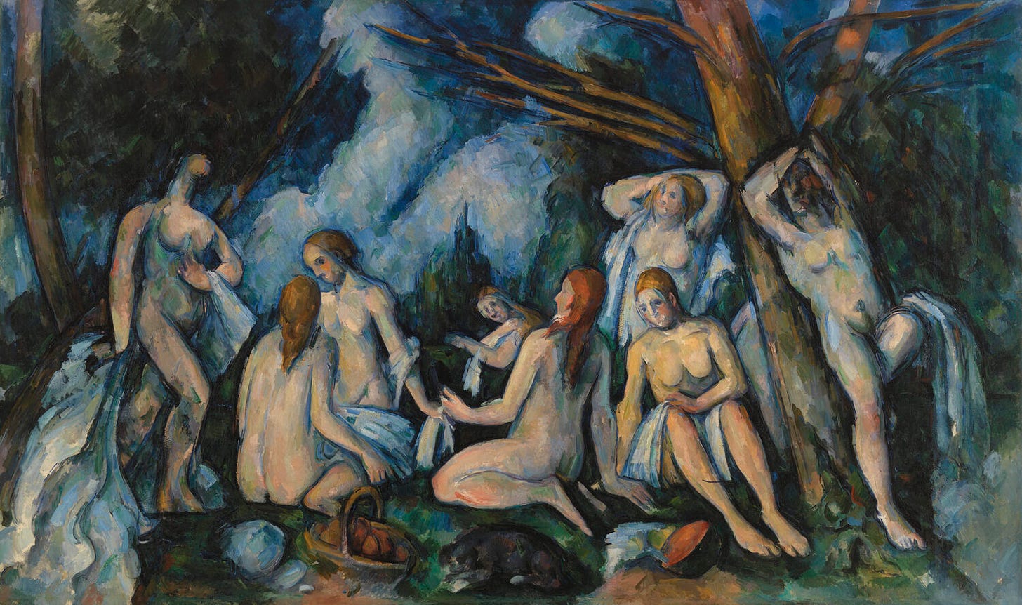 Nude bathers grouped under arching trees Nude bathers grouped under arching trees