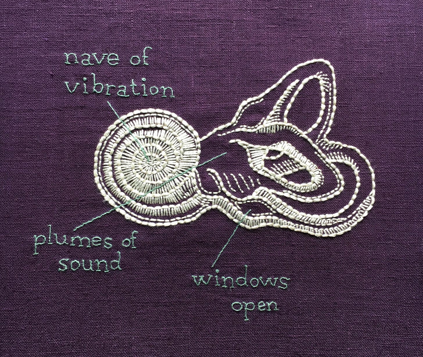 Nave of Vibration (2017)   An embroidery of an inner ear done in bone white thread on dark purple linen. The centre of the spiral is labeled “nave of vibration”, the body of the inner ear is labeled “plumes of sound”, and the tubes are labeled “windows open.”