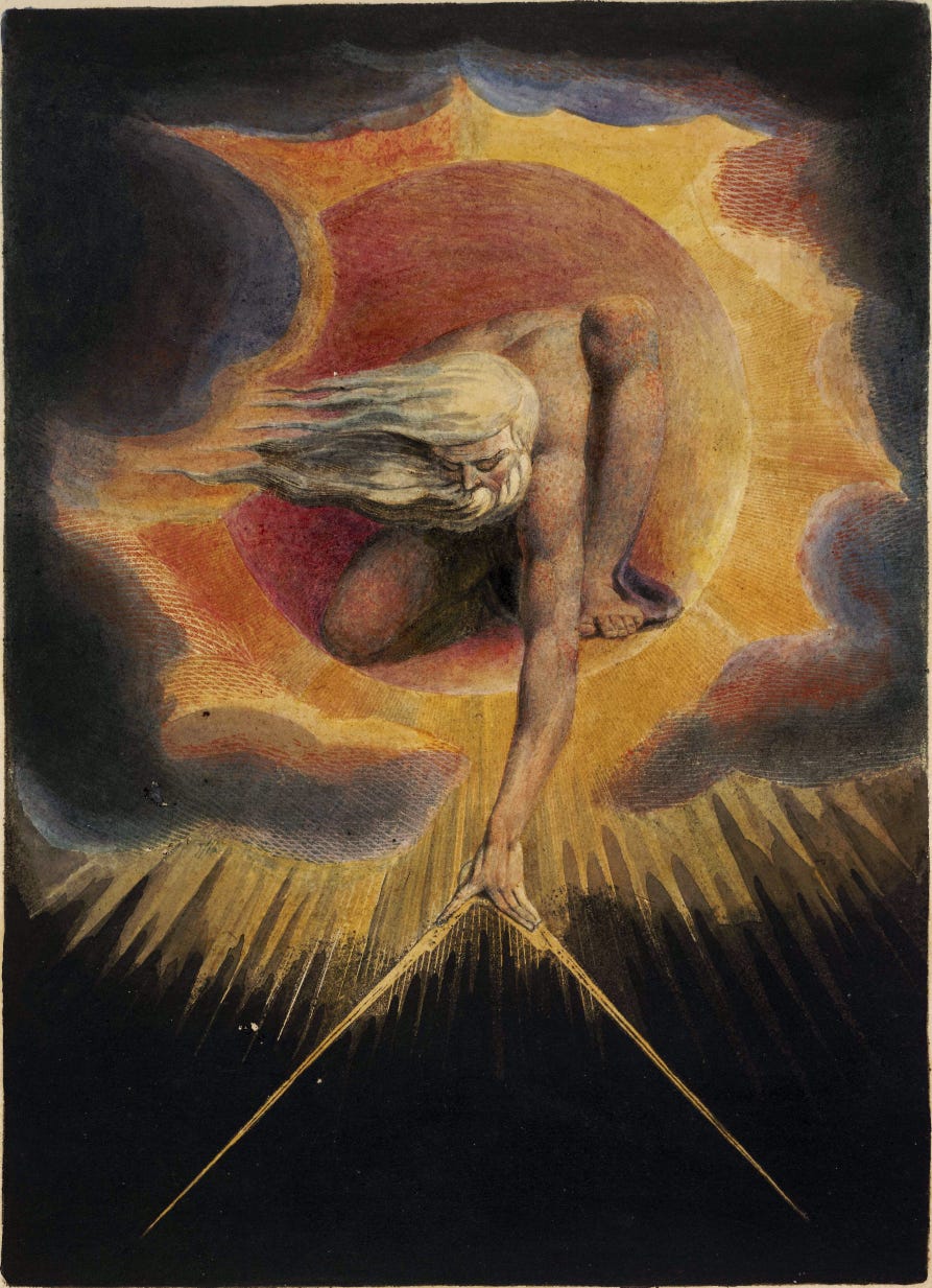 William Blake - Ancient of Days, Bearded figure with flowing hair bends from a fiery sky, using a compass to mark darkness below.