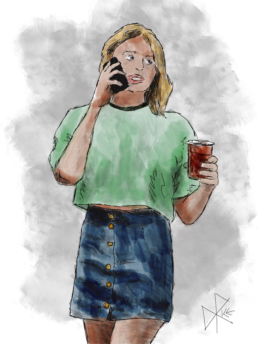 A young woman at a party, holding her drink while talking on her phone. Sketch art by Don Rice. A young woman at a party, holding her drink while talking on her phone. Sketch art by Don Rice.