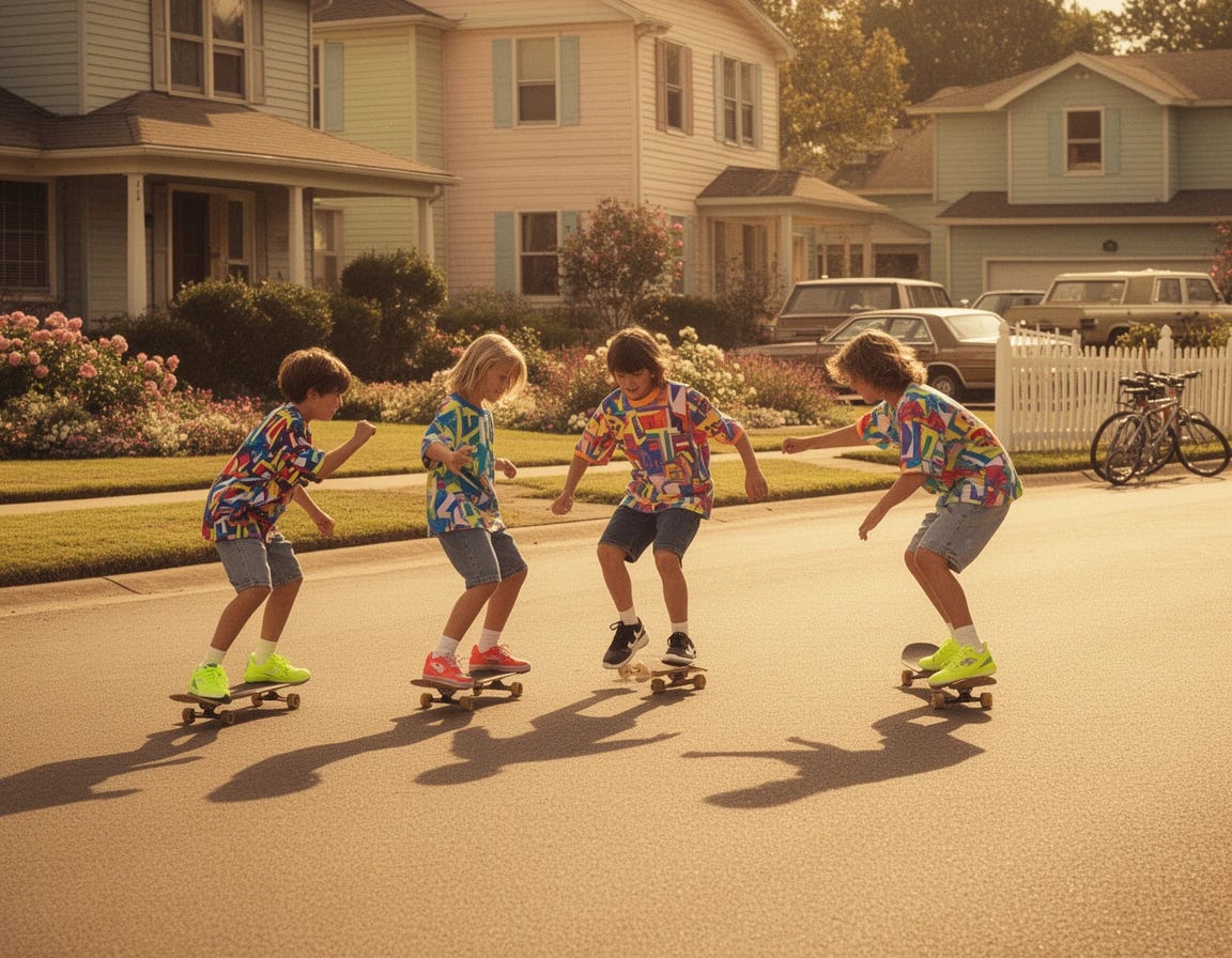 4 kids skateboarding in a suburban neighborhood in the early 90s