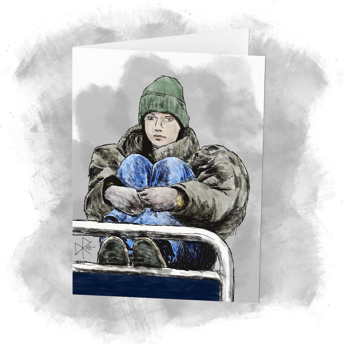 A woman watching a hockey game at the arena. She has her feet propped up on the furniture and hugs her knees, warm in her huge parka. Sketch art by Don Rice. A woman watching a hockey game at the arena. She has her feet propped up on the furniture and hugs her knees, warm in her huge parka. Sketch art by Don Rice.