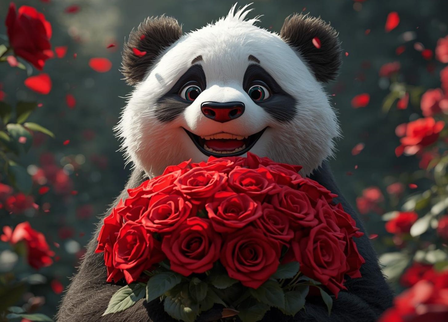 a happy cartoon panda with a bouquet of red roses