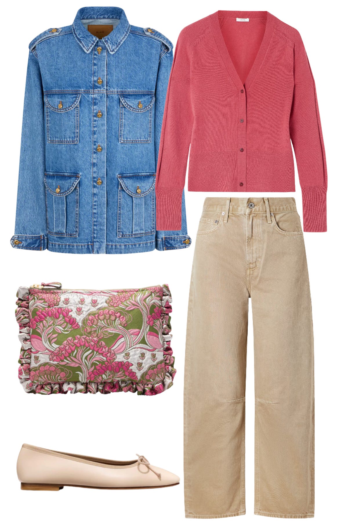 Casual chic spring outfit with an elevated denim jacket, a cardigan, and a colorful pouch