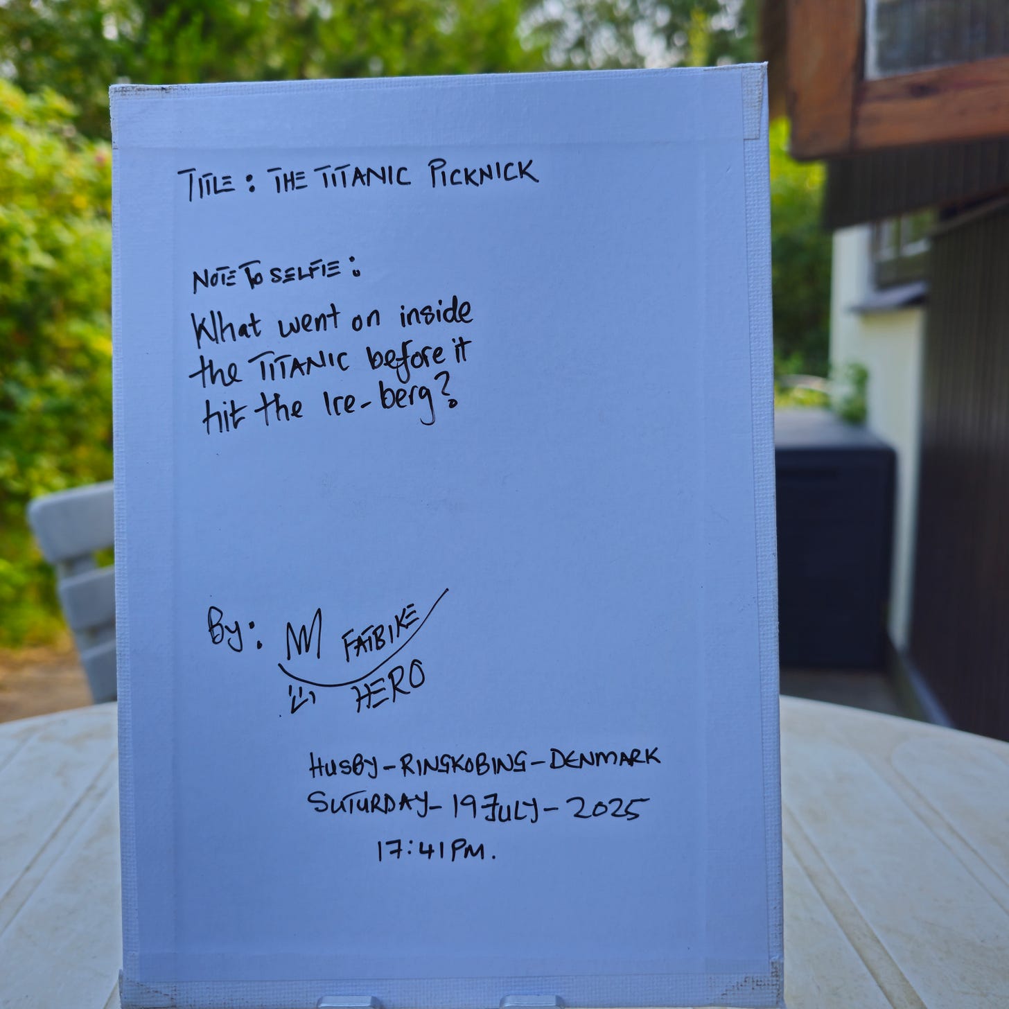 “Back of *The Titanic Picknick* canvas by FatbikeHero showing handwritten title, reflective note about the Titanic before impact, artist signature, date Saturday 19 July 2025, time 17:41 PM, and location Husby–Ringkøbing, Denmark.”