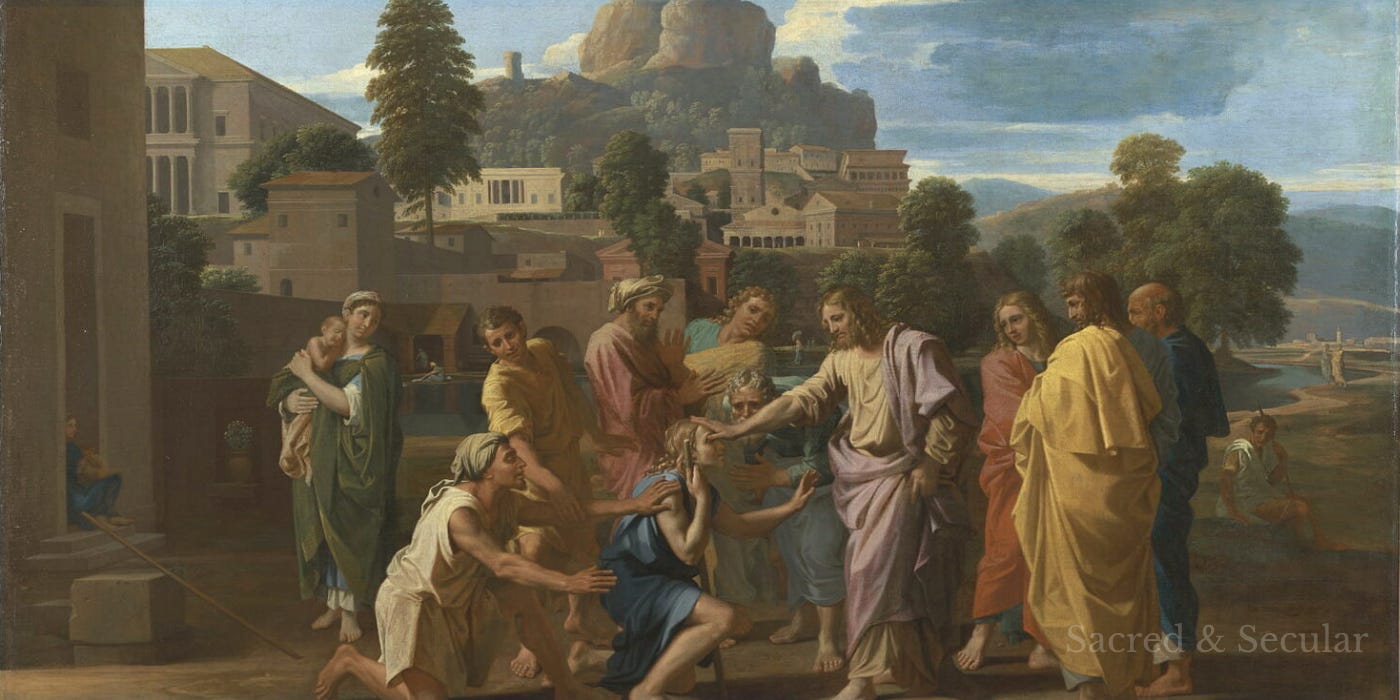 A classical painting showing Jesus reaching towards a blind man kneeling beside the road, surrounded by disciples and onlookers, with the buildings and hills of Jericho in the background. A classical painting showing Jesus reaching towards a blind man kneeling beside the road, surrounded by disciples and onlookers, with the buildings and hills of Jericho in the background.