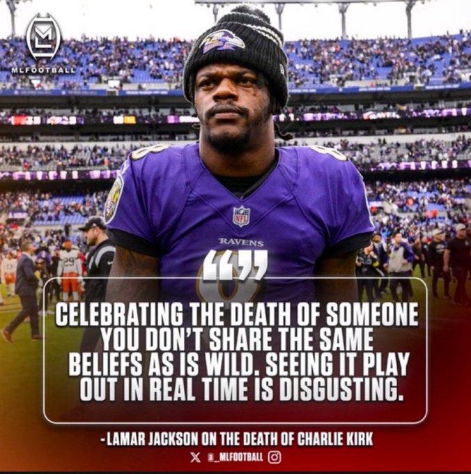 Lamar Jackson wearing a purple Baltimore Ravens jersey with the number 8. He is also wearing a black beanie. A stadium crowd is visible in the background. Text overlay reads, "CELEBRATING THE DEATH OF SOMEONE YOU DON’T SHARE THE SAME BELIEFS AS IS WILD. SEEING IT PLAY OUT IN REAL TIME IS DISGUSTING. - Lamar Jackson on the death of Charlie Kirk." A watermark from @M_Football is present.