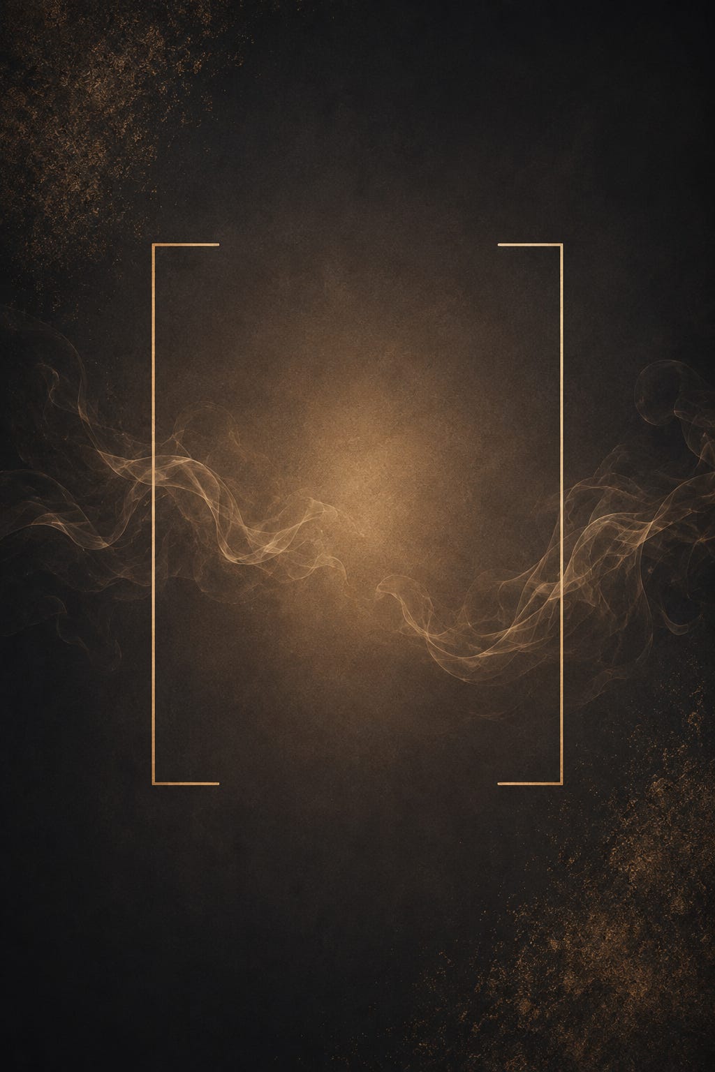 Abstract warm charcoal image with spacious gold brackets surrounding a soft golden center, while faint smoke moves gently through and around the brackets and distressed texture gathers along the outer edges.