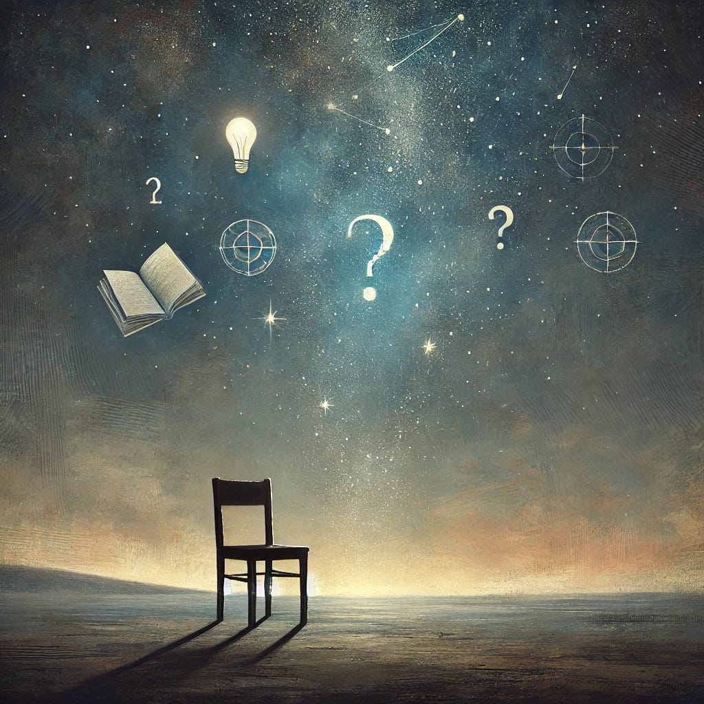 A surreal, minimalistic landscape under a vast, starry night sky. In the center, an empty chair faces upward toward the stars. Surrounding the chair are floating, fragmented symbols of knowledge—books, question marks, light bulbs—slowly dissolving into the air. The ground is barren and textured, with soft shadows. The sky is painted in muted blues, greys, and dusky purples, with constellations subtly shaped like question marks and open eyes. A soft golden glow highlights part of the chair and nearby ground. The overall art style is a blend of hand-painted textures and digital surrealism, evoking quiet reflection and mystery.