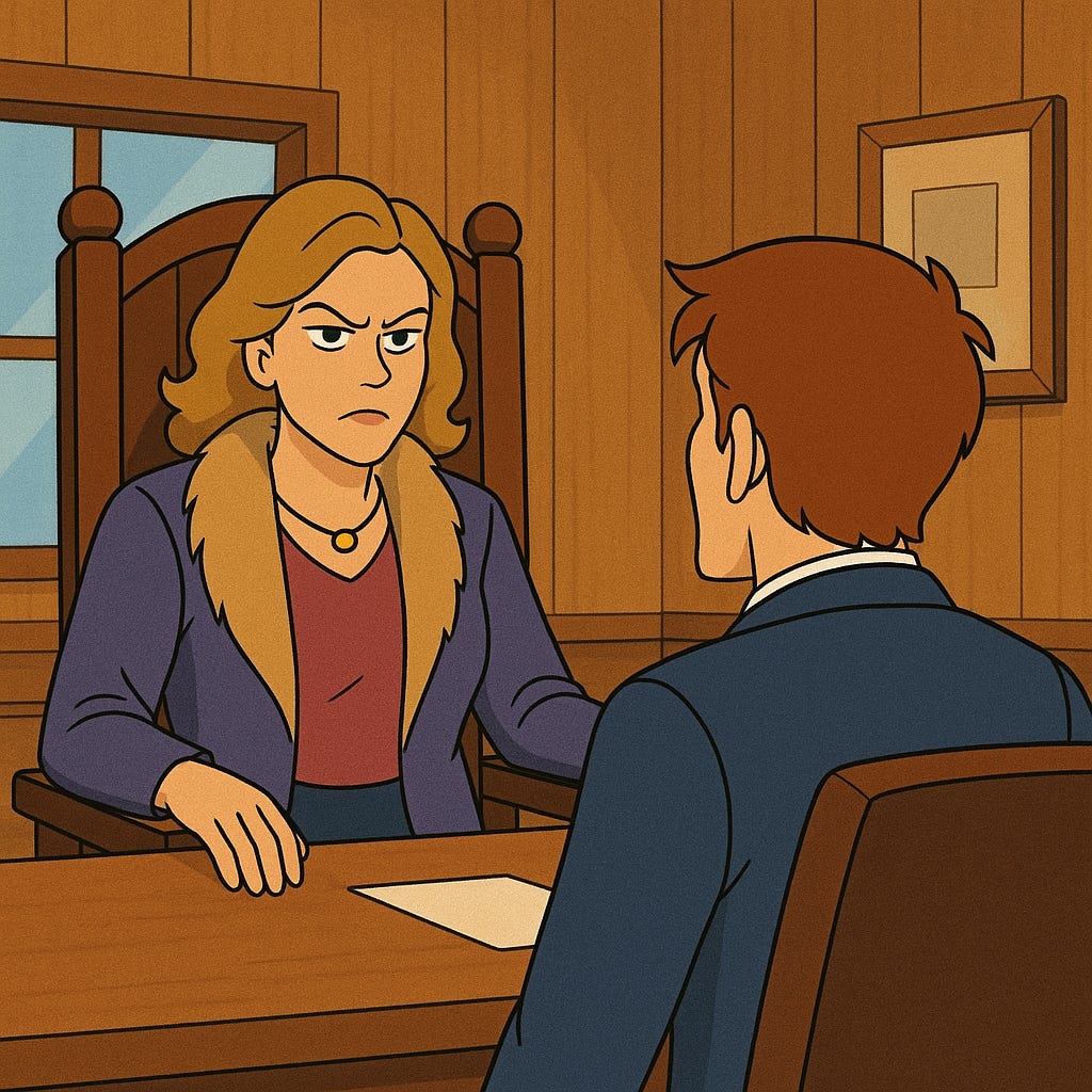 A 1990s cartoon image of a client in a purple blazer with fur trim staring down a salesperson. A 1990s cartoon image of a client in a purple blazer with fur trim staring down a salesperson.