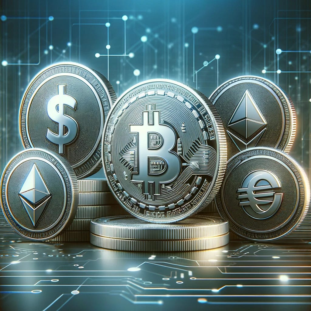 An image representing stablecoins, featuring several digital coins with distinctive designs that signify stability and value. The coins have symbols like dollar signs, euro signs, and blockchain patterns, suggesting their pegging to fiat currencies. The background is a sleek, futuristic digital environment with subtle gradients and a hint of blockchain network elements, giving a modern and sophisticated feel to the image.