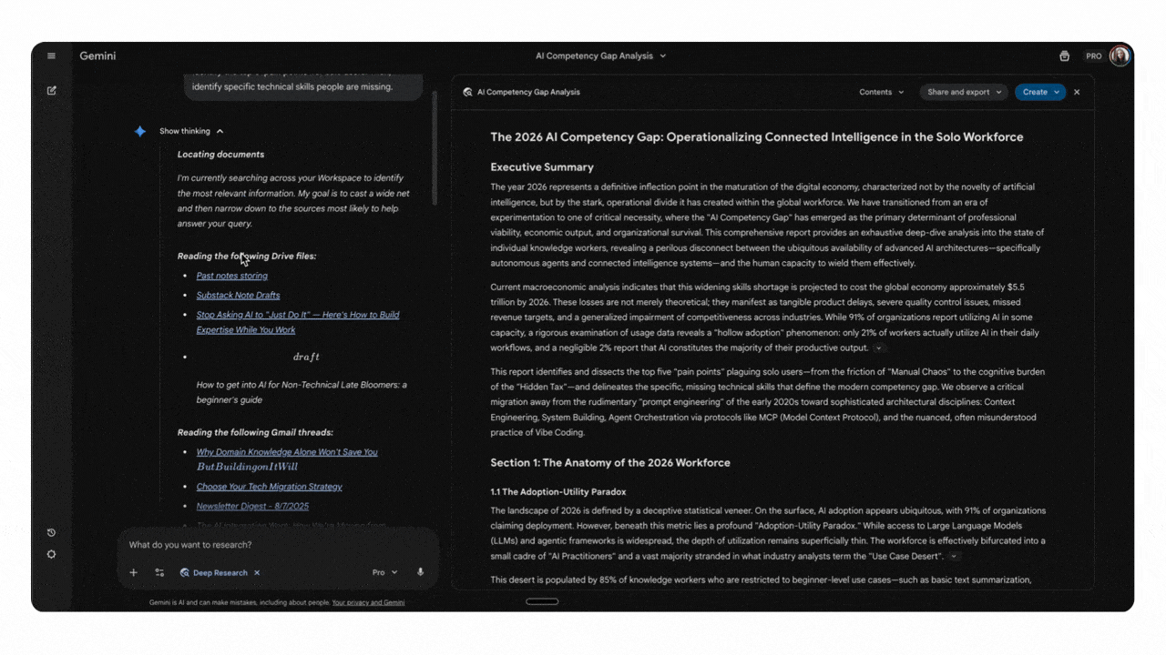 GIF showing Gemini Deep Research generating a comprehensive sourced report with structured sections, citations, and linked references GIF showing Gemini Deep Research generating a comprehensive sourced report with structured sections, citations, and linked references