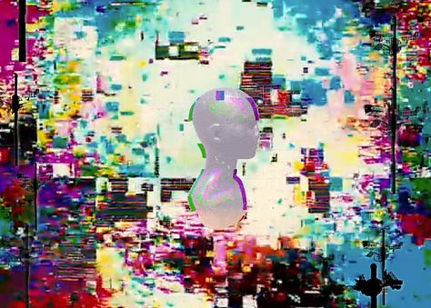 Image 1 shows a head with some handdrawn angry people behind it holding signs, The second image shows the same head in a glitchy TV static world and the third shows the head surrounded by surreal masks. 
