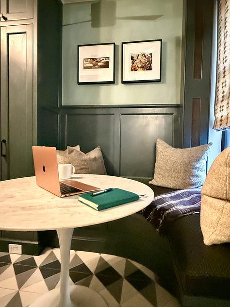 Gallery of Laurie Wetzel working at her desk, on the subway, and speaking at a conference