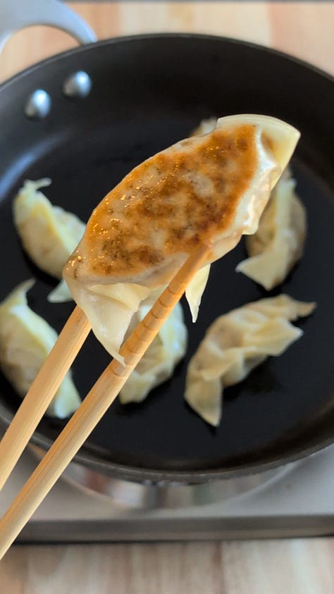 Gallery showing step-by-step images of gyoza being folded, sealed, pan-fried, and steamed during the cooking process.