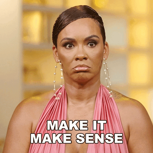 a woman in a pink dress is making a face with the words make it make sense above her