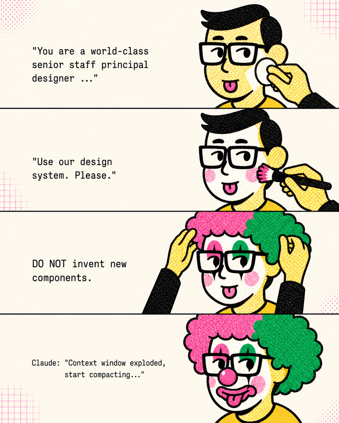 Four-panel comic of a designer's face being made up as prompts pile on: world-class designer, use our design system, do not invent components. Final panel: full clown face. Caption: "Context window exploded, start compacting."