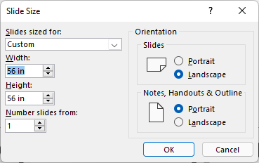 PowerPoint slide size dialog box showing length and width as 56 inches.