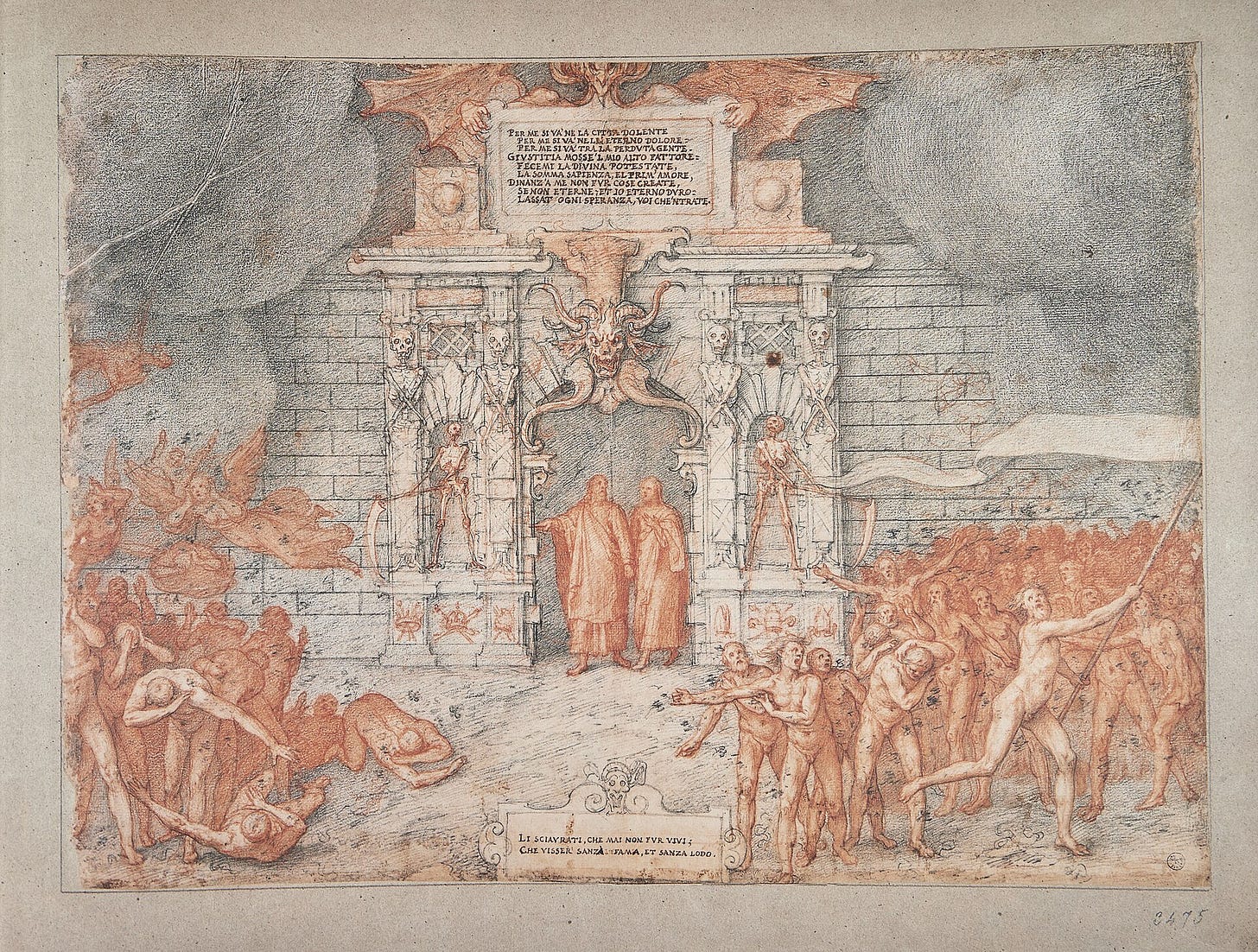 A red and black chalk drawing of Dante and Virgil standing before a massive gateway cut into rock, with an inscription above the opening and crowds of figures beyond it. A red and black chalk drawing of Dante and Virgil standing before a massive gateway cut into rock, with an inscription above the opening and crowds of figures beyond it.