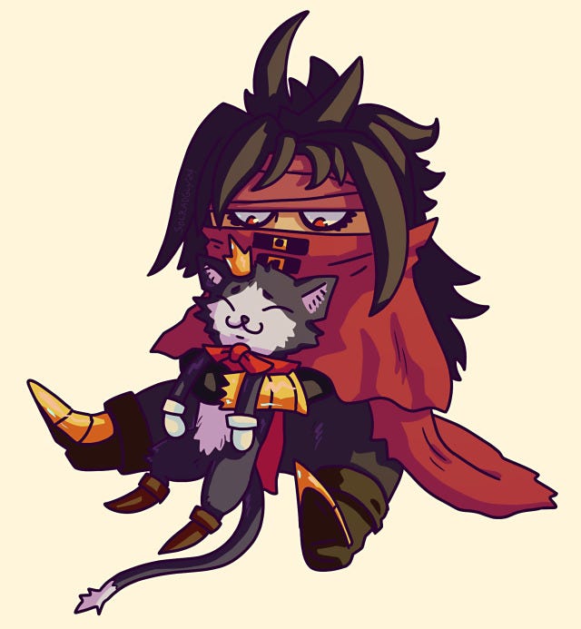 Vincent Valentine holding Cait Sith from Final Fantasy VII drawn in a cute art style. Cait Sith looks mildly concerned.