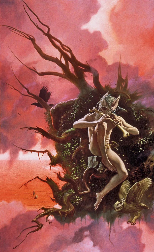 Seated upon a flat rock with one knee up, a naked man with scraggly white hair and long beard pipes a tune on a human femur. Flesh colored, his ears are bat-like, long and furry, protruding up from the side of his head. An open, upended pouch spills coins down on a blindfolded owl flying past. Unseeing, the owl clutches a rock in one talon. The piper’s perch rests upon a clump of earth floating among smoky clouds, a misty curtain tinted pink and purple like a bruise. Gnarly roots reach out in all directions, probing like woody tentacles. A break in the clouds reveals an arid stretch of land. The flat barren field is dashed with low lines of rock—burial mounds as far as the eye can see. A single figure with shovel pauses in their work with head bowed.