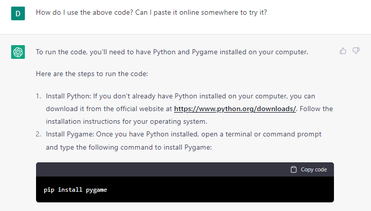 ChatGPT explaining how and where to run the generated code