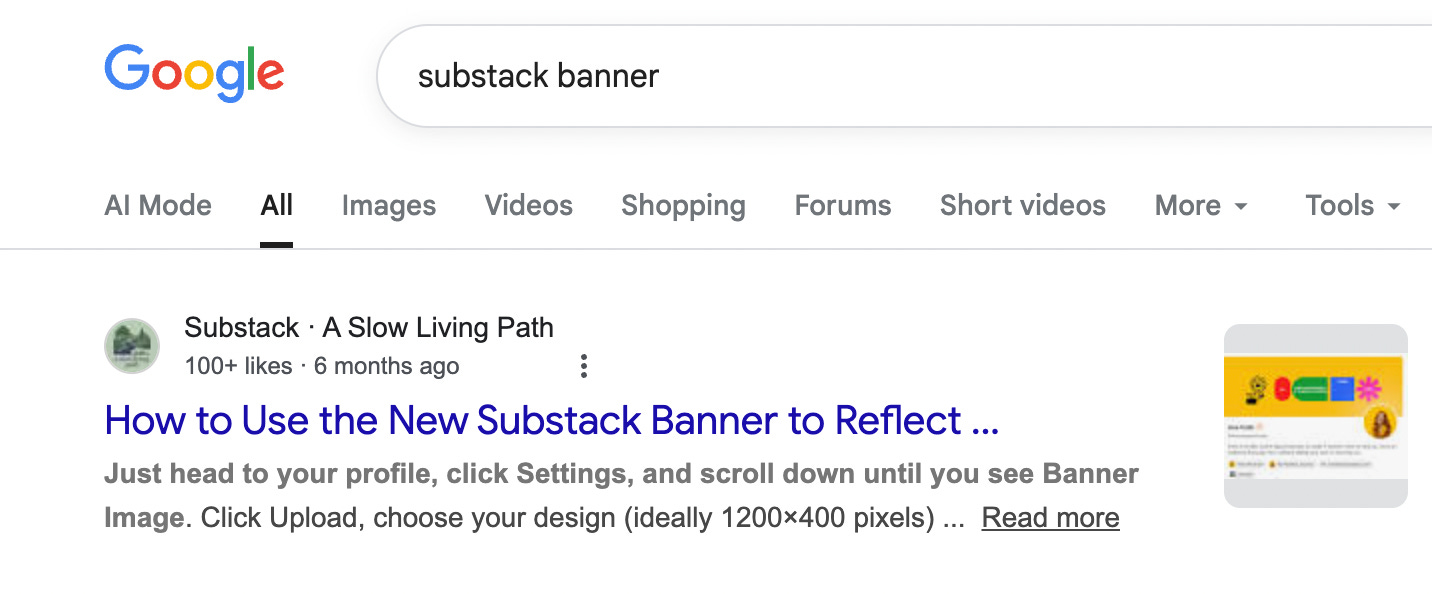 First page Google result showing my Substack banner guide ranking for Substack SEO searc