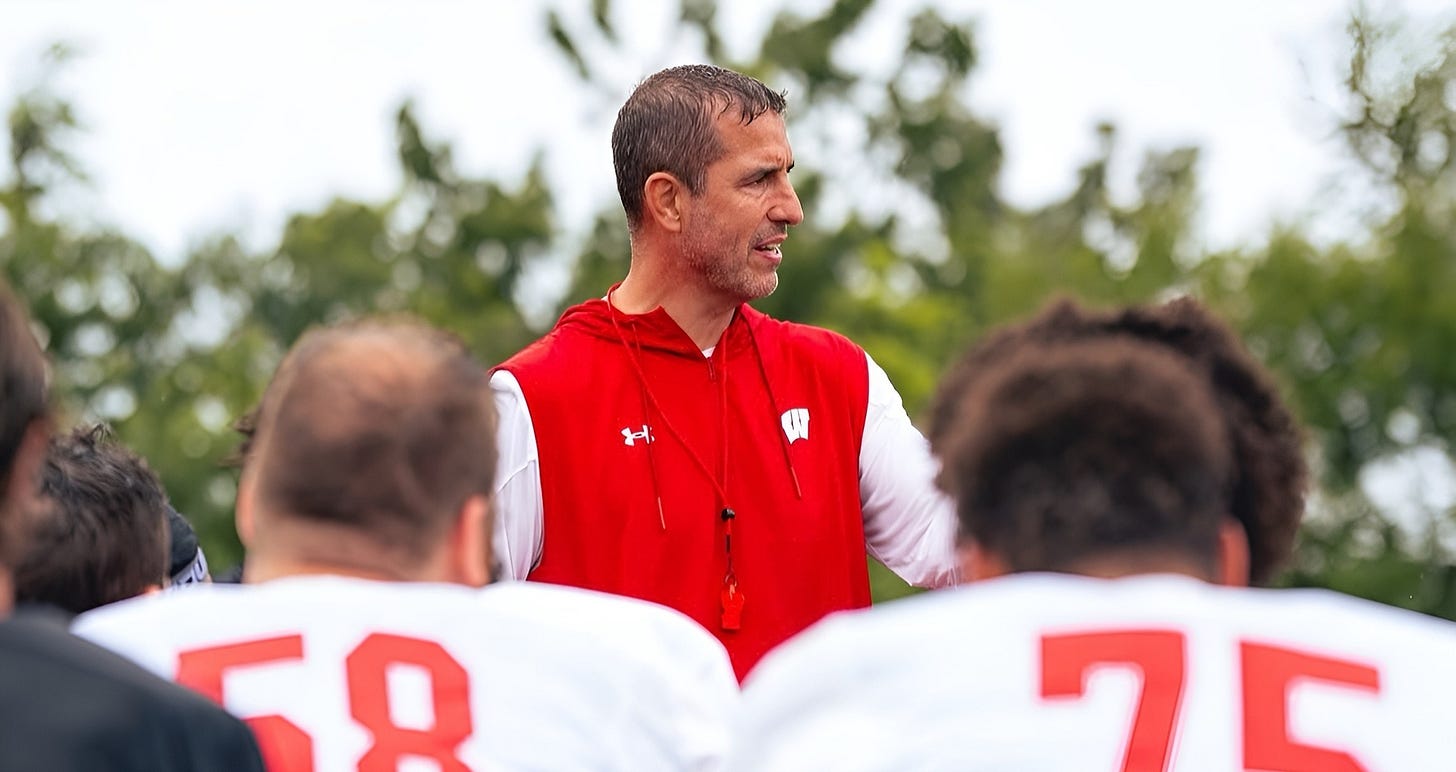 Wisconsin Badgers football coach Luke Fickell speaks to players gathered on the field at fall camp. Wisconsin Badgers football coach Luke Fickell speaks to players gathered on the field at fall camp.