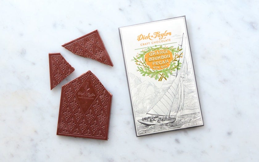 Orange Bourbon Pecan 65% Dark Chocolate Bar | 2 oz | Dick Taylor Craft  Chocolate | Good Eggs