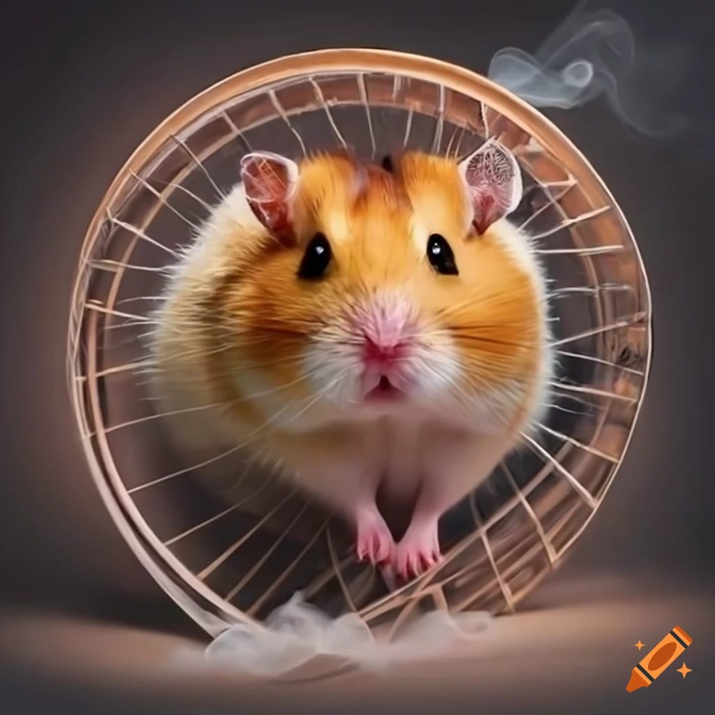 Hamster running on fiery wheel with smoke in surrealistic art on Craiyon