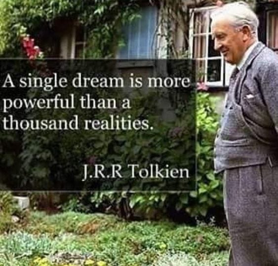 This may contain: an older man standing in front of a house with a quote on it that says, a single dream is more powerful than a thousand reality