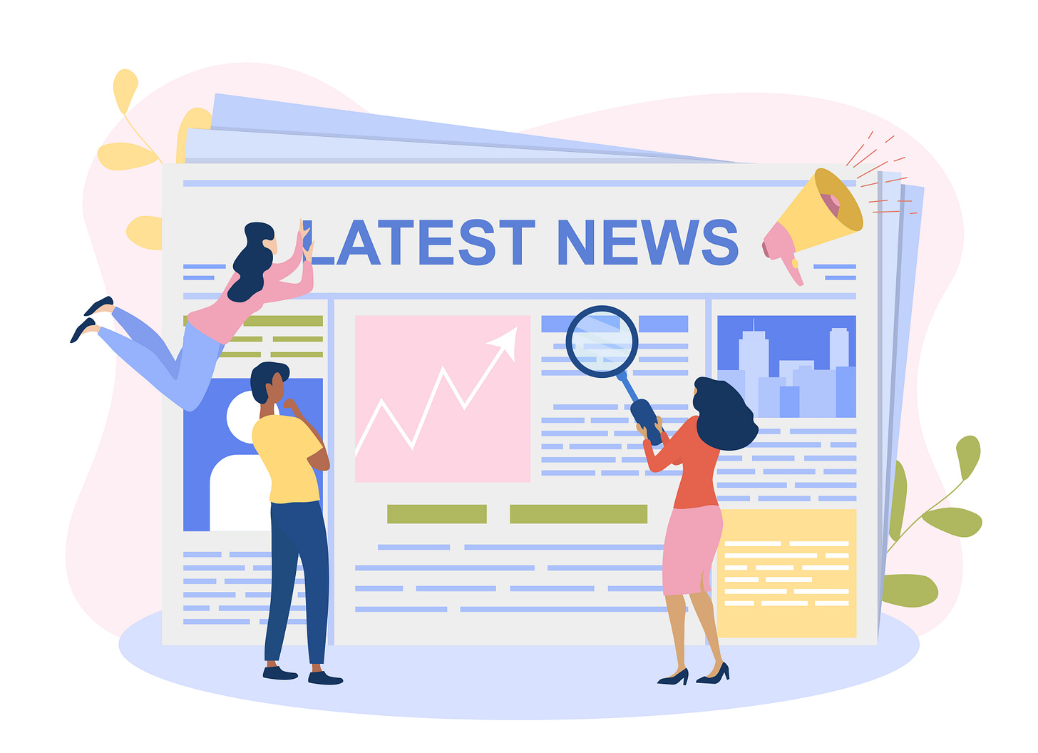 Illustration of newspaper with headline reading LATEST NEWS and cartoon people looking on