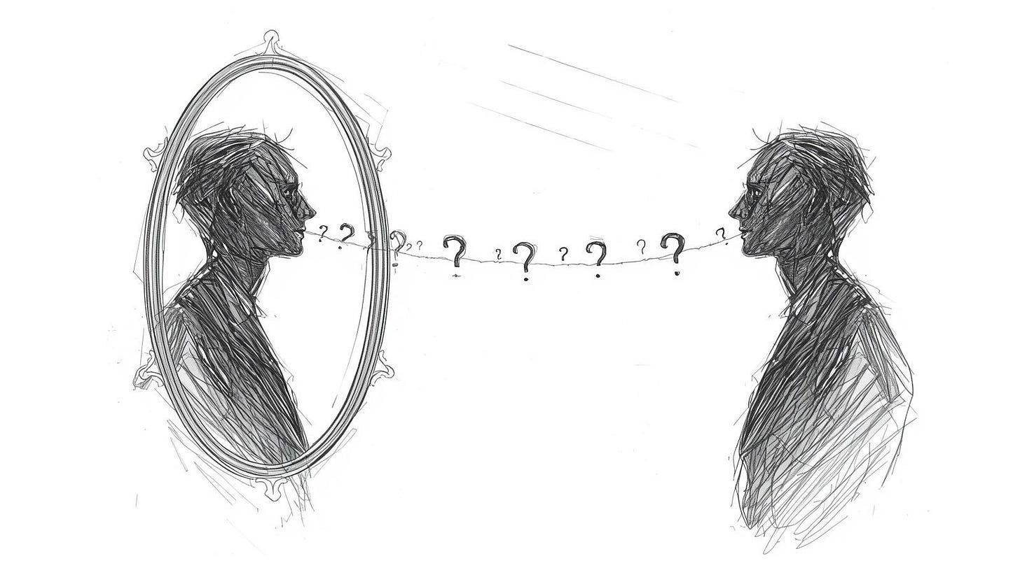 One figure gazing into a self-reflecting mirror while another extends a bridge of question marks