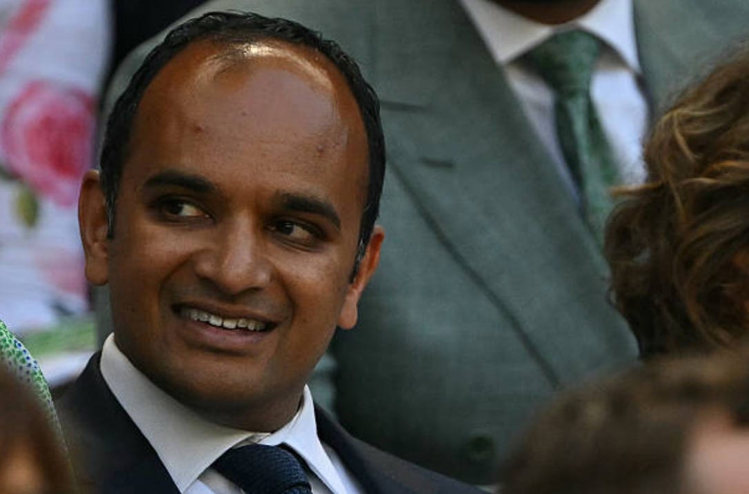 Tottenham Hotspur's British CEO Vinai Venkatesham sits in the royal box on the ninth day of the 2026 Wimbledon Championships at The All England Lawn Tennis and Croquet Club in Wimbledon, southwest London, on July 7, 2026. (Photo by Glyn KIRK / AFP via Getty Images) / RESTRICTED TO EDITORIAL USE Tottenham Hotspur's British CEO Vinai Venkatesham sits in the royal box on the ninth day of the 2026 Wimbledon Championships at The All England Lawn Tennis and Croquet Club in Wimbledon, southwest London, on July 7, 2026. (Photo by Glyn KIRK / AFP via Getty Images) / RESTRICTED TO EDITORIAL USE