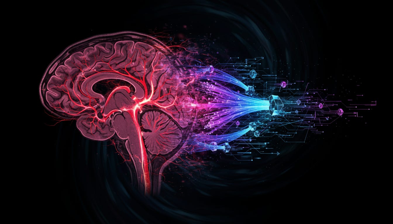 Artistic visualization showing a brain scan transitioning into network topology, symbolizing the evolution from individual cognition to distributed intelligence systems. Artistic visualization showing a brain scan transitioning into network topology, symbolizing the evolution from individual cognition to distributed intelligence systems.