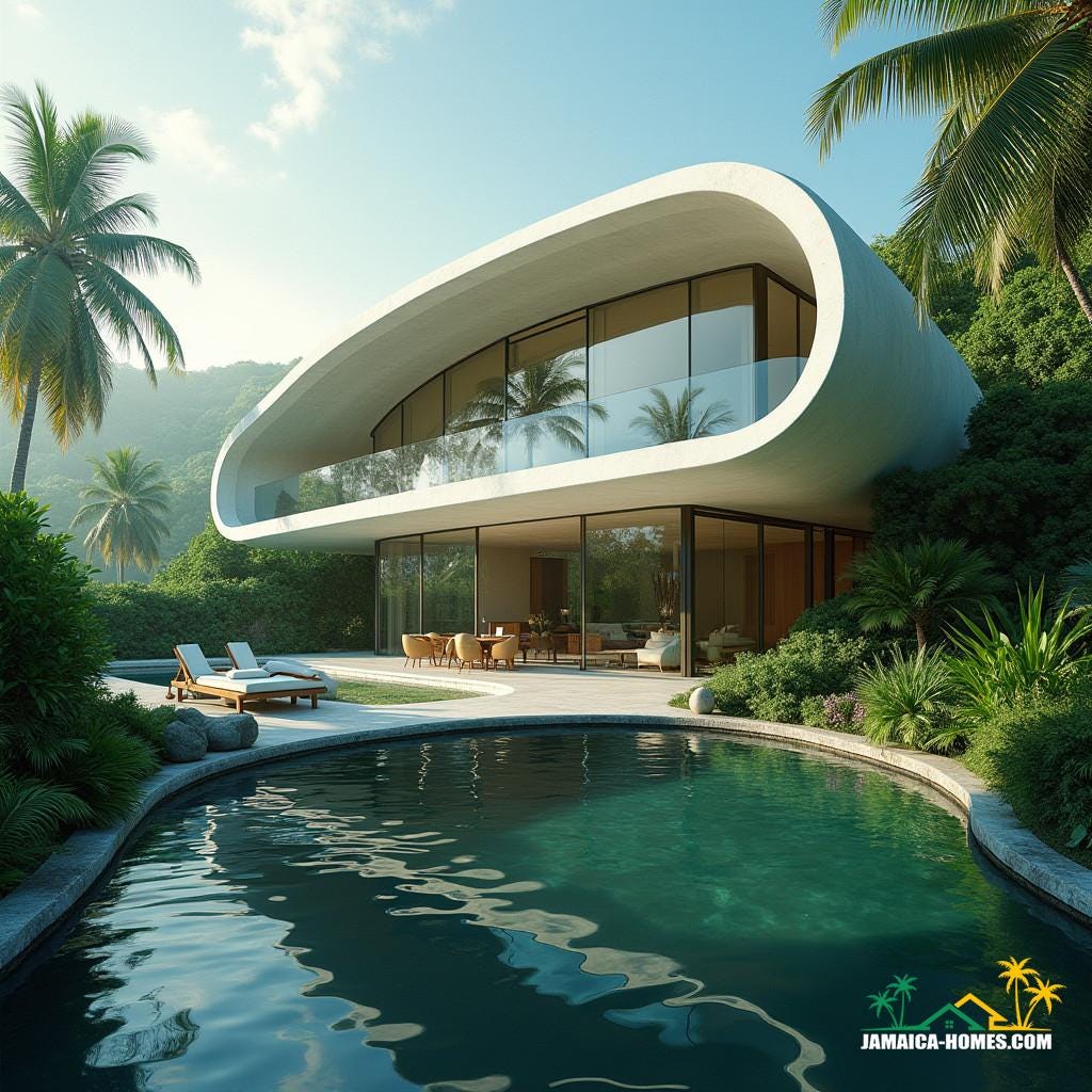Ethereal, modern Upside Down House in Jamaica, Caribbean, with sleek, curved lines, expansive glass surfaces, and protruding windows, blending seamlessly into the lush, tropical surroundings, amidst a serene pond, showcasing innovative sustainability features, including solar panels and water harvesting systems, captured as a cinematic film still, reminiscent of a James Cameron