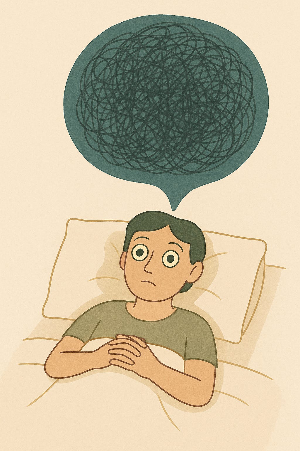 un personnage allongé dans son lit, les yeux grands ouverts, avec une bulle noire de pensées confuses au-dessus de lui — une représentation très évocatrice des ruminations nocturnes.