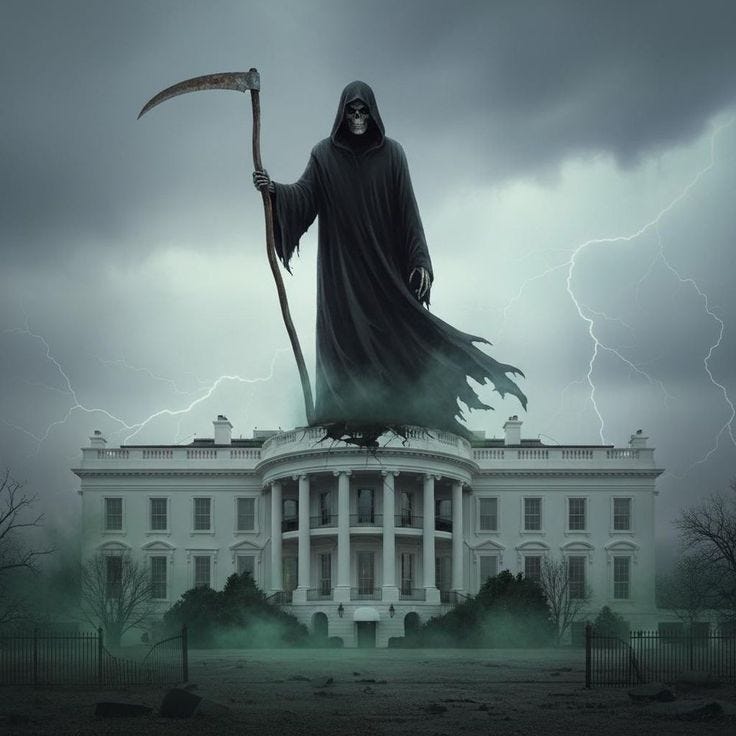 This may contain: a large white building with a giant statue in front of it and lightning behind it