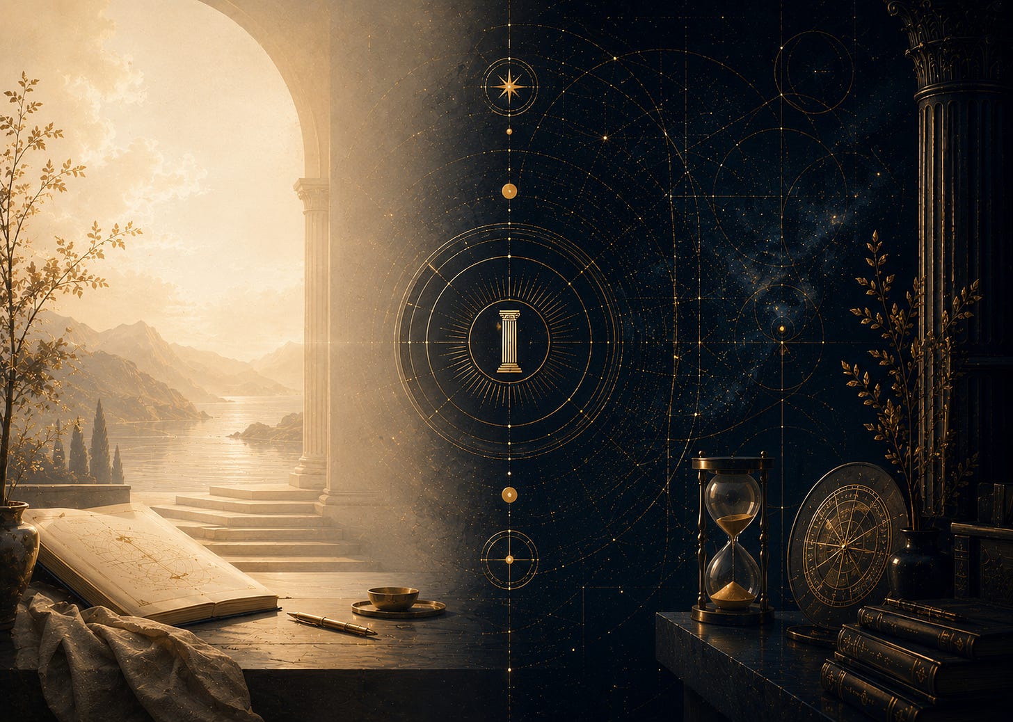 Wide cinematic editorial image in cream, navy, and gold tones. The composition is split between a luminous cream landscape with stone arches, distant mountains, and an open manuscript on the left, and a deep navy celestial architectural world on the right with glowing geometric linework, an hourglass, books, and ornate columns. At the center, intricate gold sacred geometry surrounds a glowing pillar symbol, visually connecting both halves of the image and creating the feeling of a structured inner world, study, and long-term practice. Wide cinematic editorial image in cream, navy, and gold tones. The composition is split between a luminous cream landscape with stone arches, distant mountains, and an open manuscript on the left, and a deep navy celestial architectural world on the right with glowing geometric linework, an hourglass, books, and ornate columns. At the center, intricate gold sacred geometry surrounds a glowing pillar symbol, visually connecting both halves of the image and creating the feeling of a structured inner world, study, and long-term practice.