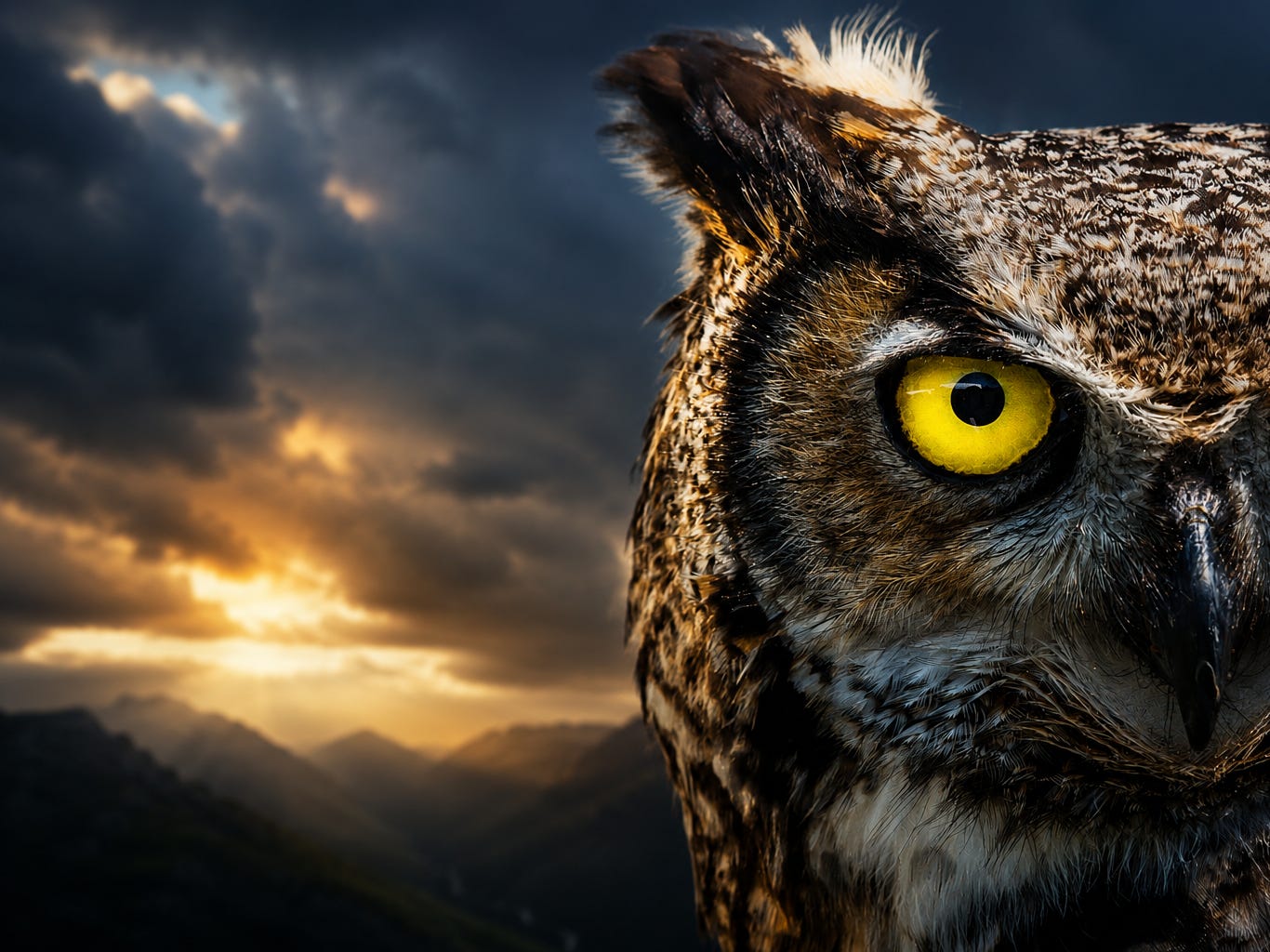 A great horned owl stares across the fading light as storm clouds gather over the mountains, capturing the raw intensity and silence of the wild. Photograph enhanced by Jamaica Homes.