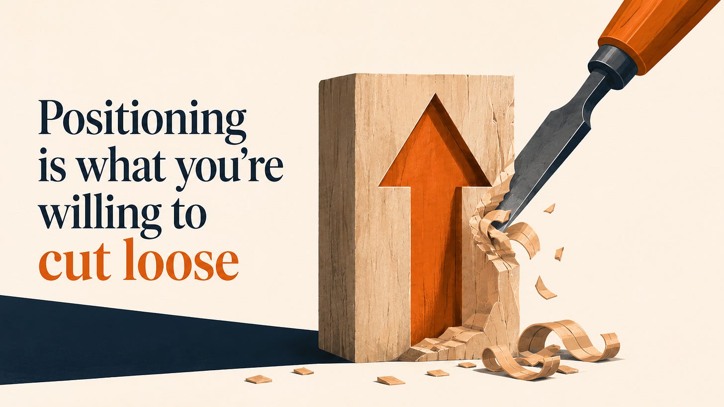 Chisel carving a sharp arrow from a wooden block to illustrate focused startup positioning.