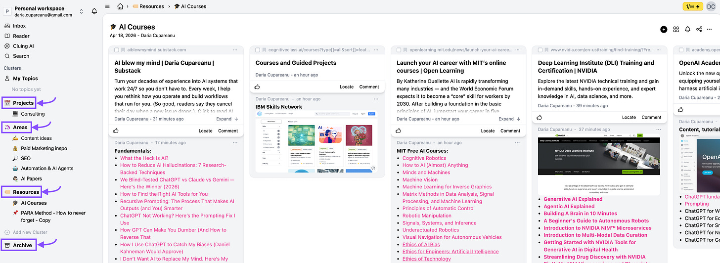 Cluing workspace showing the PARA organization method in the left sidebar with four color-coded clusters: Projects with a Consulting topic, Areas with Content ideas, Paid Marketing inspo, SEO, Automation and AI Agents, and AI Papers, Resources with a PARA Method guide, and Archive, alongside an AI Courses resource with saved snippets from MIT, IBM, NVIDIA, and OpenAI.