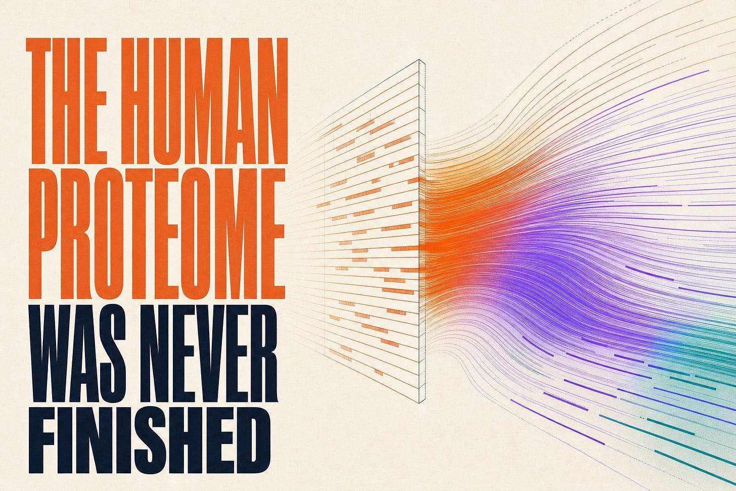 The title The Human Proteome Was Never Finished set across a warm-paper map of canonical proteins while smaller translated forms emerge from the margins
