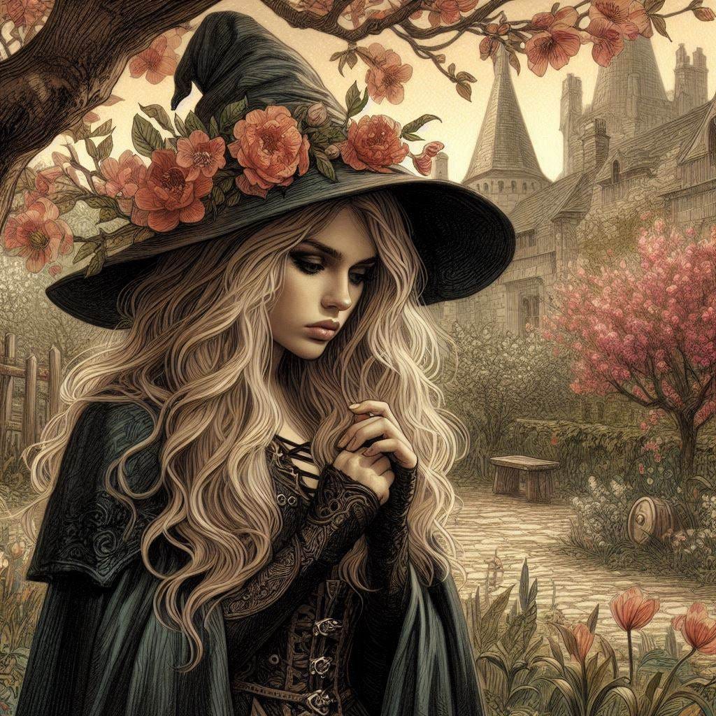 21-year old blonde hair woman, medieval witch clothing, sad face, blooming garden in a castle courtyard, dungeons and dragons fantasy drawing