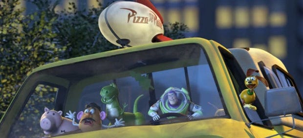 slinky, buzz, rex, mr. potato head, and hamm drive the pizza planet truck to the airport to stop al from taking woody to japan. slinky, buzz, rex, mr. potato head, and hamm drive the pizza planet truck to the airport to stop al from taking woody to japan.