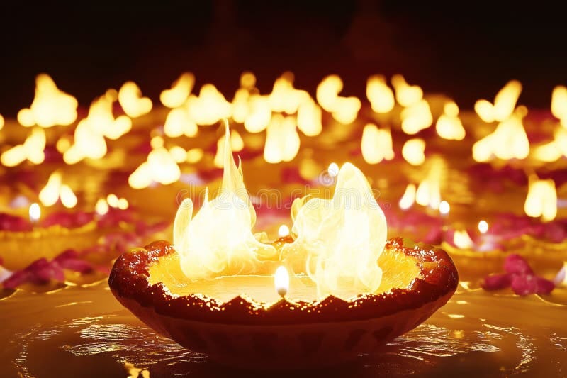 Floating Diya Candles with Bright Flames. Multiple Candles, Arranged in a  Row Stock Illustration - Illustration of diwali, diya: 344404633