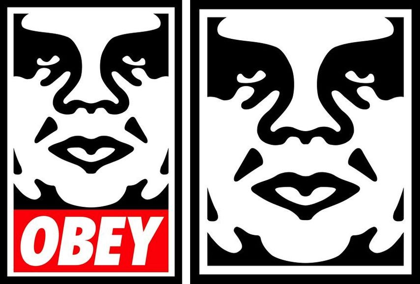 Two iconic black and white 'Obey' stickers featuring the stylized face of André the Giant, created by street artist Shepard Fairey. The left sticker includes the word 'OBEY' in bold red and white text at the bottom, while the right sticker is a simplified version of just the face. Two iconic black and white 'Obey' stickers featuring the stylized face of André the Giant, created by street artist Shepard Fairey. The left sticker includes the word 'OBEY' in bold red and white text at the bottom, while the right sticker is a simplified version of just the face.