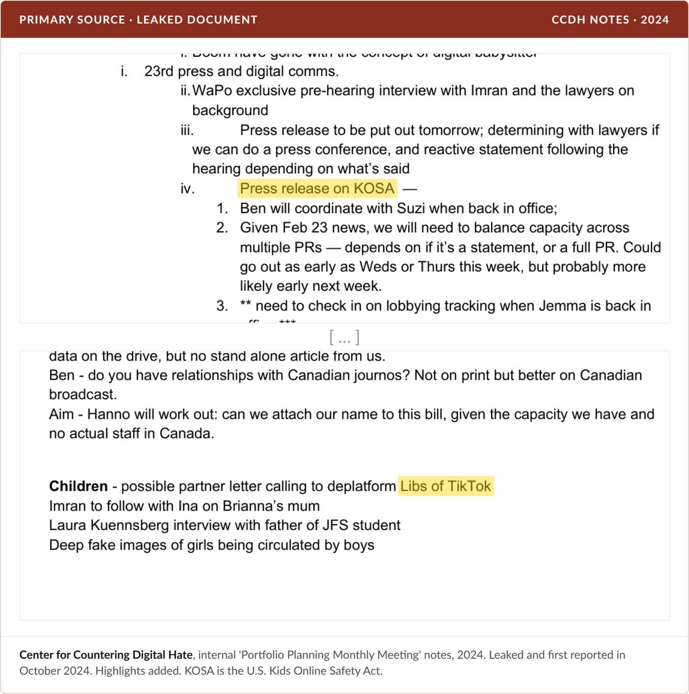 "Press release on KOSA" and, under "Children," a proposal to deplatform Libs of TikTok. Leaked CCDH notes, highlights added. "Press release on KOSA" and, under "Children," a proposal to deplatform Libs of TikTok. Leaked CCDH notes, highlights added.