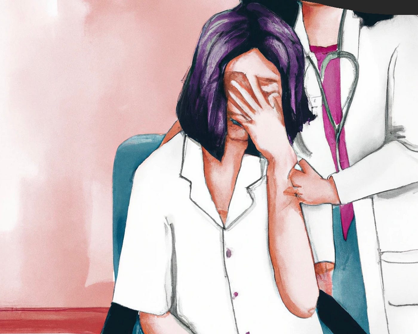 A woman doctor sitting on her chair listening to a sad-looking woman patient who is touching her head, digital art via Dall-E A woman doctor sitting on her chair listening to a sad-looking woman patient who is touching her head, digital art via Dall-E