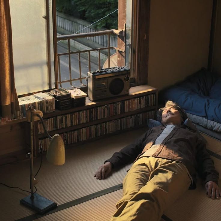 This may contain: a man laying on the floor in front of a window with bookshelves and a radio This may contain: a man laying on the floor in front of a window with bookshelves and a radio